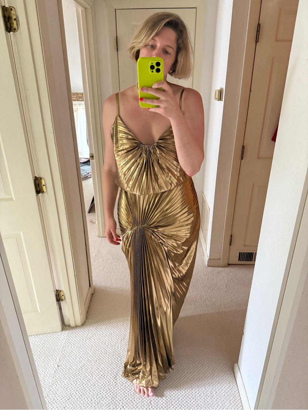 Gold Pleated Maxi Dress with Twist Detail - Picture 2 of 5